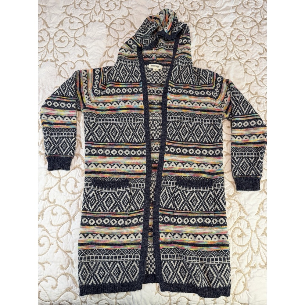 Monteau Los Angeles Cardigan Sweater S Fair Isle Nordic Hooded Long Open Front